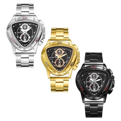 JewelryWe Herrenuhr Dreieckige Leuchtende Uhr: 3 Stück Einzigartig Kalender Analog Quarz Armbanduhr Herren Edelstahl Armband Business Casual Uhr mit Leuchtzeigern und Dreiecksgehäuse von JewelryWe