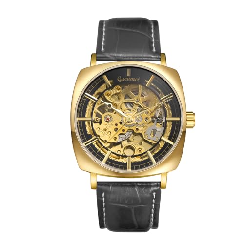 JewelryWe Herrenuhr Echtleder Automatik Uhren: 30m Wasserdicht Automatische Mechanische Armbanduhr Herren Schwarz Echtes Lederarmband Skelett Uhr Automatikuhr mit Gold Quadratischem Gehäuse von JewelryWe