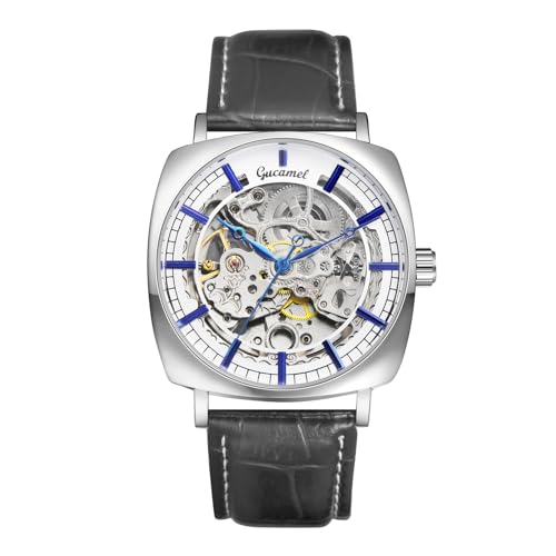 JewelryWe Herrenuhr Echtleder Automatik Uhren: 30m Wasserdicht Automatische Mechanische Armbanduhr Herren Schwarz Echtes Lederarmband Skelett Uhr Automatikuhr mit Silber Quadratischem Gehäuse von JewelryWe