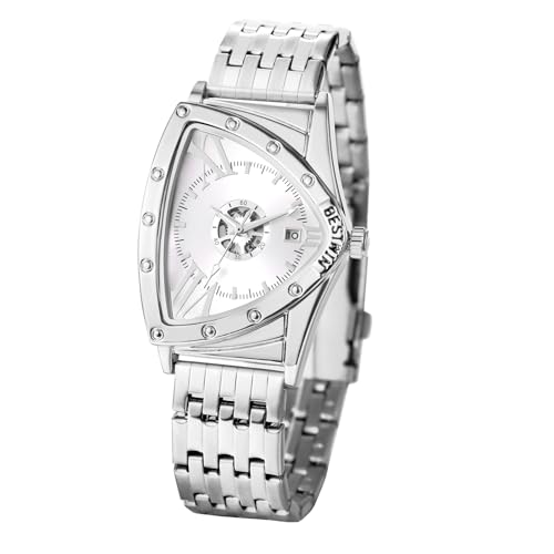 JewelryWe Herrenuhr Edelstahl Dreieckige Uhren: 30m Wasserdicht Kalender Analog Quarz Armbanduhr Herren Silber Edelstahlarmband Geschäft Lässige Uhr mit Weißem Dreieck Zifferblatt von JewelryWe