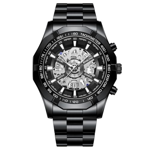 JewelryWe Herrenuhr Edelstahl Leuchtend Uhr: 30m Wasserdicht Kalender Analog Quarz Armbanduhr Herren Schwarz Edelstahlband Imitation Mechanische Skelett Uhr mit Achteckig Lünette & Silber Leuchtzeiger von JewelryWe