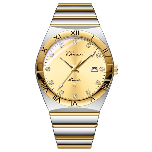 JewelryWe Herrenuhr Edelstahl Leuchtende Uhren: 30m Wasserdicht Kalender Analog Quarz Armbanduhr Herren Gold/Silber Edelstahlarmband Uhr mit Römischen Ziffern Strassskala & Gold rundem Zifferblatt von JewelryWe