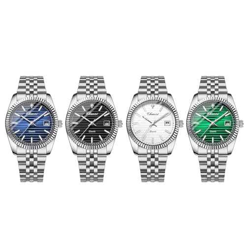 JewelryWe Herrenuhr Edelstahl Leuchtende Uhren: 4 Stück 3ATM Wasserdicht Kalender Analog Quarz Armbanduhr Herren Silber Edelstahlarmband Uhr mit Leuchtzeiger, Leuchtskala und Facettiert Lünette von JewelryWe