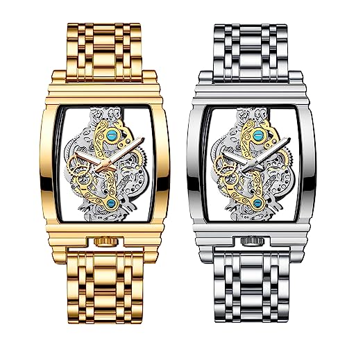 JewelryWe Herrenuhr Edelstahl Uhren Herren - 2pcs Silber/Gold Analog Quarz Armbanduhr mit Edelstahl Armband Mechanisches Imitatdesign 30 wasserdichte Rechteckige Uhr für Männer Junge von JewelryWe