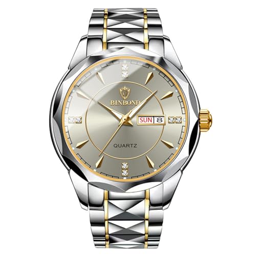 JewelryWe Herrenuhr Edelstahl Uhren Herren: 30m Wasserdicht Kalender Analog Quarz Armbanduhr Männer Gold Silber Edelstahl Armband Lässig Business Uhr mit Grau Zifferblatt und Gold Leuchtzeiger von JewelryWe