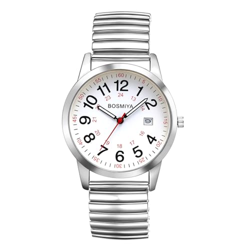 JewelryWe Herrenuhr Elastisches Zugarmband Uhr: Herren Damen Kalender Analog Quarz Armbanduhr Silber Edelstahl Stretcharmband Unisex Senioren Uhr mit Großen Zahlen 24-Stunden Zifferblatt von JewelryWe