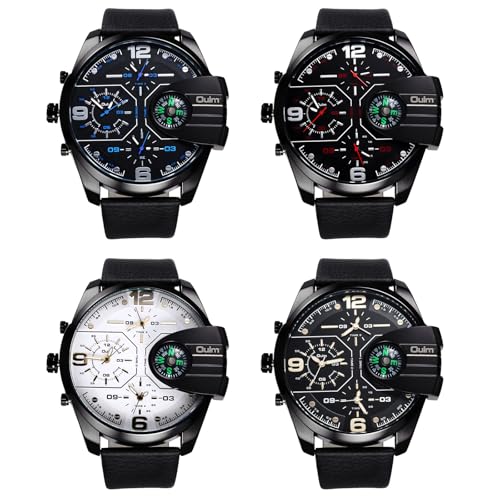 JewelryWe Herrenuhr Große Uhren mit 3 Zeitzonen: 4 Stück Herren Analog Quarz Armbanduhr mit DREI Uhrwerken Schwarz Übergroßes Zifferblatt Outdoor Sportuhr mit PU Lederarmband und Dekorativem Kompass von JewelryWe