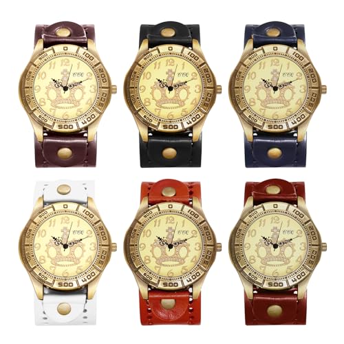 JewelryWe Herrenuhr Krone Uhr mit Lederarmband: 6 Stück Vintage Steampunk Analog Quarz Armbanduhr Herren Damen Echtleder Leder Armband Halloween Punk Biker Uhr mit Großem Kronendesign Zifferblatt von JewelryWe