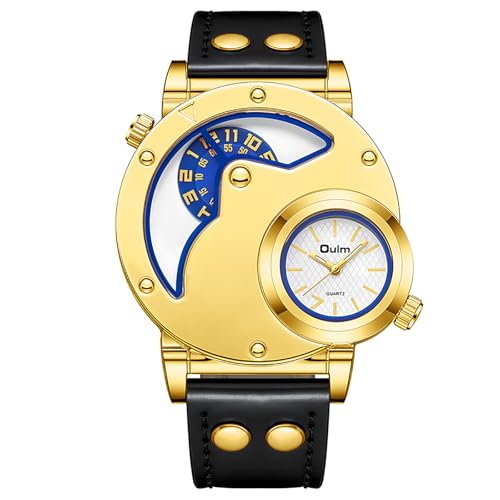 JewelryWe Herrenuhr Leder Sport Uhren: Zwei Zeitzonen Analog Quarz Armbanduhr Herren Schwarz Lederarmband Militär Lässige Uhr mit Gold Großem Gehäuse und Weiß Zifferblatt von JewelryWe