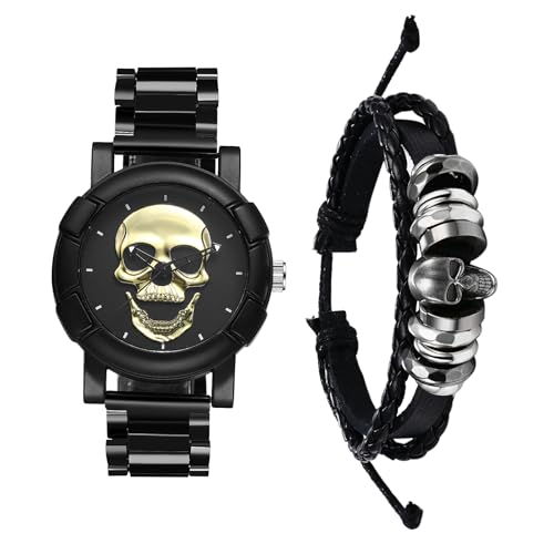 JewelryWe Herrenuhr Lederarmband Halloween 2er Set: Steampunk Gold Totenkopf Schädel Analog Quarz Edelstahl Armbanduhr mit Verstellbar Geflochten Leder Armband Schmuckset Uhr Armreif Set für Herren von JewelryWe