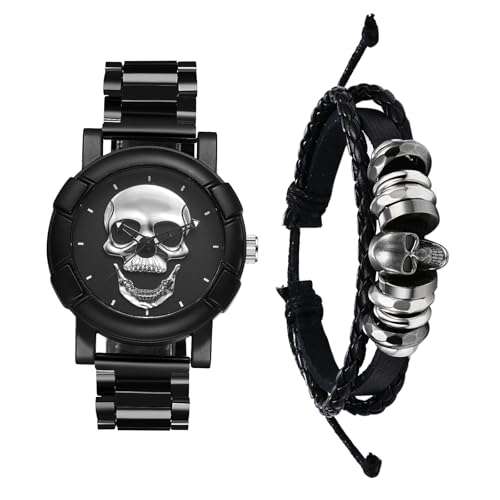 JewelryWe Herrenuhr Lederarmband Halloween 2er Set: Steampunk Silber Totenkopf Schädel Analog Quarz Edelstahl Armbanduhr mit Verstellbar Geflochten Leder Armband Schmuckset Uhr Armreif Set für Herren von JewelryWe