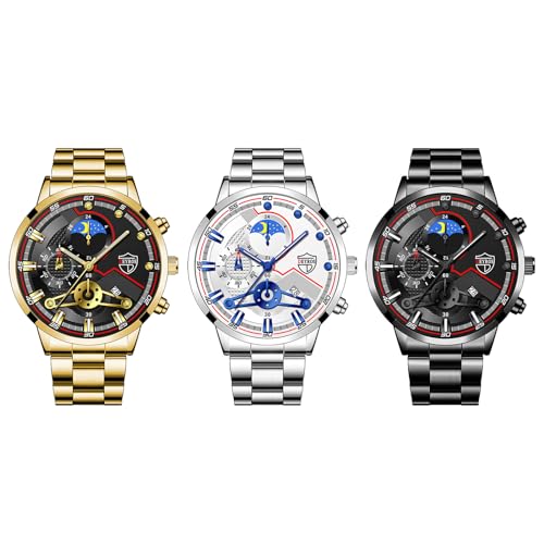 JewelryWe Herrenuhr Leuchtend Uhr Herren: 3pcs Analog Quarz Armbanduhr Männer Metallarmband Geschäft Lässige Uhr mit Leuchtzeiger und großem Mond Stern Zifferblatt von JewelryWe