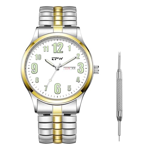 JewelryWe Herrenuhr Leuchtende Elastische Uhr: Datum & Wochentag Kalender Analog Quarz Armbanduhr Herren Bicolor Edelstahl Stretcharmband Zugarmband Uhr mit Großen Zahlen & Leuchtzeigern von JewelryWe