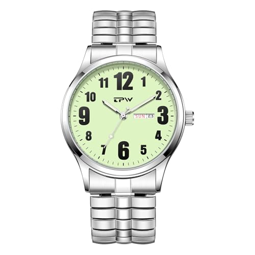 JewelryWe Herrenuhr Leuchtende Elastische Uhr: Datum & Wochentag Kalender Analog Quarz Armbanduhr Herren Silber Edelstahl Stretcharmband Zugarmband Uhr mit Grünem Großen Zahlen Zifferblatt von JewelryWe