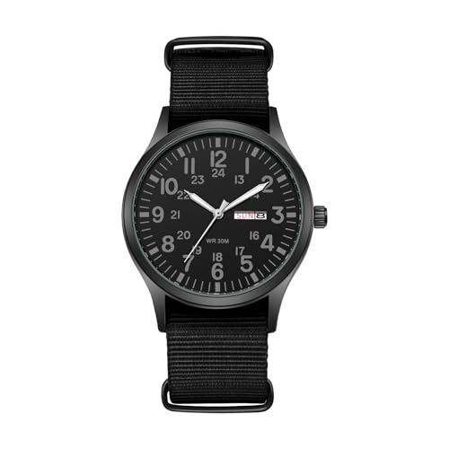 JewelryWe Herrenuhr Leuchtende Militär Uhr: Einfache 12/24H Anzeige Kalender Analog Quarz Armbanduhr Herren Canvas Stoff Taktische Sport Uhr mit Schwarz Nylon Textil Armband & Digital Zifferblatt von JewelryWe