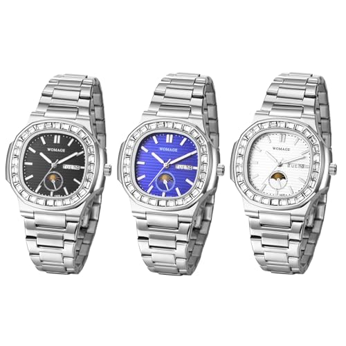 JewelryWe Herrenuhr Leuchtende Quadratische Uhren: 3pcs 30m Wasserdicht Kalender Analog Quarz Armbanduhr Herren Silber Edelstahl Band Uhr mit Rechteckigem Diamantgehäuse & Leuchtzeiger von JewelryWe
