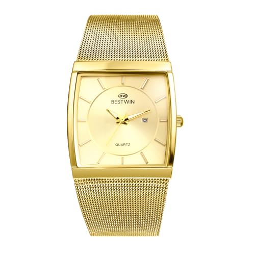 JewelryWe Herrenuhr Quadratische Leuchtende Uhr: 3ATM Wasserdicht Kalender Analog Quarz Armbanduhr Herren Gold Edelstahl Milanaise Mesh Armband Uhr mit Leuchtzeiger und Rechteckigem Zifferblatt von JewelryWe
