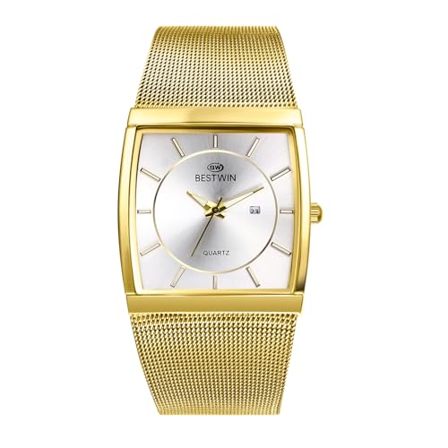 JewelryWe Herrenuhr Quadratische Leuchtende Uhr: 3ATM Wasserdicht Kalender Analog Quarz Armbanduhr Herren Gold Edelstahl Milanaise Mesh Armband Uhr mit Leuchtzeiger und Weiß Rechteckigem Zifferblatt von JewelryWe
