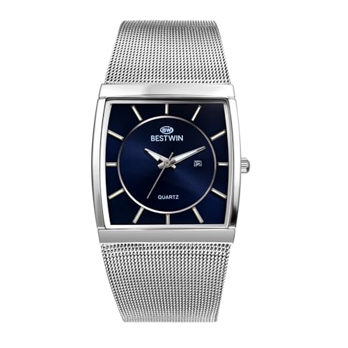 JewelryWe Herrenuhr Quadratische Leuchtende Uhr: 3ATM Wasserdicht Kalender Analog Quarz Armbanduhr Herren Silber Edelstahl Milanaise Mesh Armband Uhr mit Leuchtzeiger und Blau Rechteckigem Zifferblatt von JewelryWe