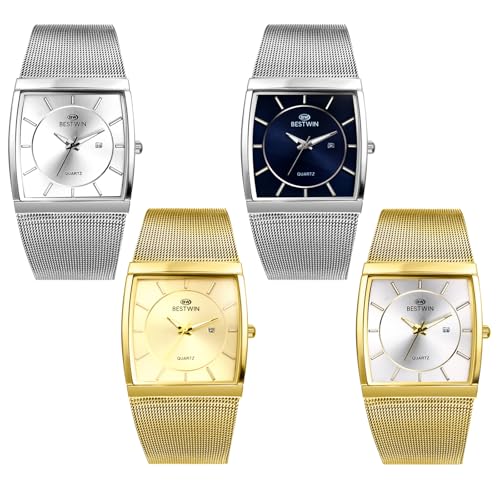 JewelryWe Herrenuhr Quadratische Leuchtende Uhr: 4 Stück 3ATM Wasserdicht Kalender Analog Quarz Armbanduhr Herren Edelstahl Milanaise Mesh Armband Uhr mit Leuchtzeiger und Rechteckigem Zifferblatt von JewelryWe