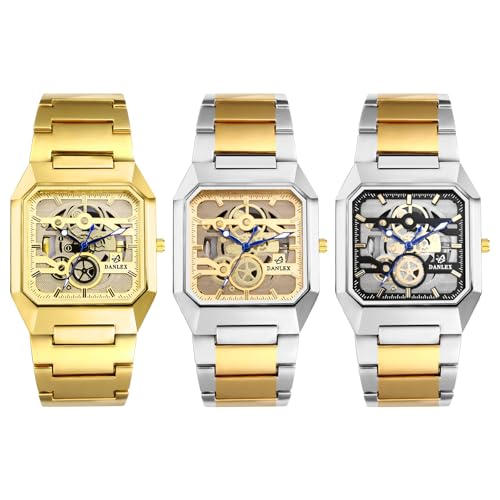 JewelryWe Herrenuhr Quadratische Skelett Armbanduhr: 3 Stück Mechanik-Look Leuchtend Analog Quarz Armbanduhr Herren Edelstahl Armband Uhr mit Leuchtzeiger und Zahnrad Design Zifferblatt von JewelryWe
