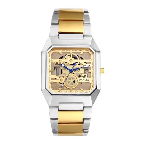 JewelryWe Herrenuhr Quadratische Skelett Armbanduhr: Mechanik-Look Leuchtend Analog Quarz Armbanduhr Herren Gold/Silber Edelstahl Armband Uhr mit Leuchtzeiger und Gold Zahnrad Design Zifferblatt von JewelryWe