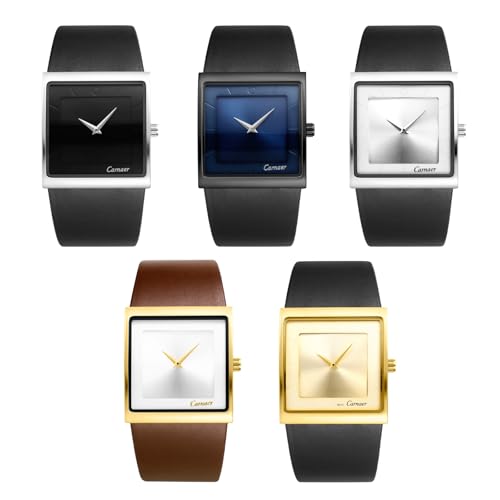 JewelryWe Herrenuhr Quadratische Uhr mit Lederarmband: 5 Stück 30m Wasserdicht Analog Quarz Armbanduhr Herren Minimalistische Business Casual Uhr mit Echtleder Armband & Eckigem Zifferblatt von JewelryWe