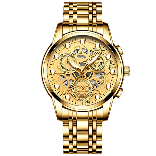 JewelryWe Herrenuhr Quarz Analog Armbanduhr 30M Wasserdicht Gold Edelstahl Armband Business Causual Uhr mit Kalender und Leuchtend Zeiger Vatertagsgeschenk von JewelryWe