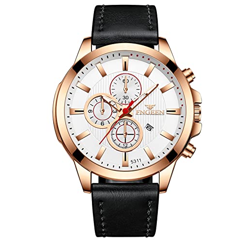 JewelryWe Herrenuhr Quarz Analog Armbanduhr 30M Wasserdicht Leder Armband Uhr mit Kalender und Leuchtend Zeiger Vatertagsgeschenk, Rosegold Gehäuse von JewelryWe