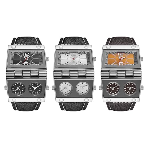 JewelryWe Herrenuhr Rechteckige Uhr mit Lederarmband: 3 Stück Einzigartig Übergroß Analog Quarz Armbanduhr Herren Leder Armband Sportuhr mit DREI Zeitzonen und Großem Zifferblatt von JewelryWe