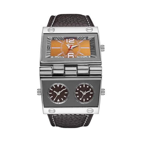 JewelryWe Herrenuhr Rechteckige Uhr mit Lederarmband: Einzigartig Übergroß Analog Quarz Armbanduhr Herren Braun Leder Armband Sportuhr mit DREI Zeitzonen und Großem Zifferblatt von JewelryWe