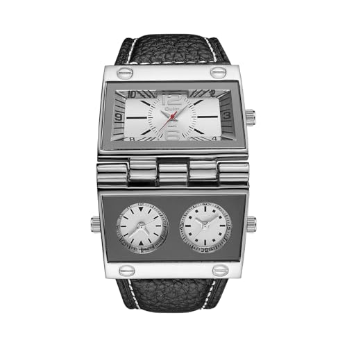 JewelryWe Herrenuhr Rechteckige Uhr mit Lederarmband: Einzigartig Übergroß Analog Quarz Armbanduhr Herren Schwarz Leder Armband Sportuhr mit DREI Zeitzonen und Großem Weiß Zifferblatt von JewelryWe