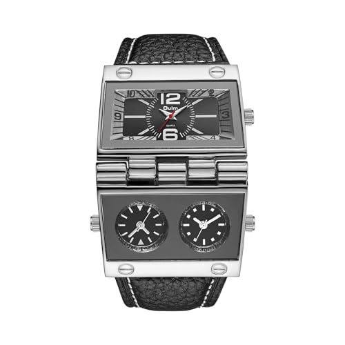JewelryWe Herrenuhr Rechteckige Uhr mit Lederarmband: Einzigartig Übergroß Analog Quarz Armbanduhr Herren Schwarz Leder Armband Sportuhr mit DREI Zeitzonen und Großem Zifferblatt von JewelryWe