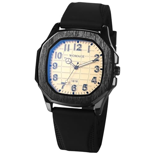 JewelryWe Herrenuhr Silikon Achteckige Uhr: Einzigartige Analog Quarz Armbanduhr Herren Schwarz Silikonarmband Sport Lässige Uhr mit großen arabischen Zahlen Achteckigem Erdmuster Zifferblatt von JewelryWe