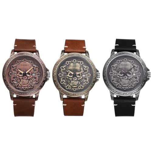 JewelryWe Herrenuhr Steampunk Echtleder Uhr: 3 Stück Vintage Punk Halloween Totenkopf Schädel Blume Armbanduhr Herren 30m Wasserdicht Kalender Analog Quarz Leuchtende Motorrad Uhr mit Lederarmband von JewelryWe