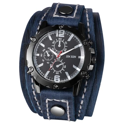JewelryWe Herrenuhr Steampunk Echtleder Uhr: Vintage Punk Analog Quarz Armbanduhr Herren Blau Breit Geschichtet Lederarmband Lässige Sport Uhr für Halloween Männer Vater Ehemann von JewelryWe