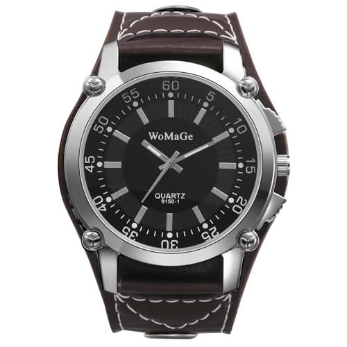 JewelryWe Herrenuhr Steampunk Leder Uhr: Herren Vintage Punk Analog Quarz Armbanduhr Männer Braun Breit Lederarmband Lässige Sport Uhr mit großem Runden Digital Zifferblatt von JewelryWe