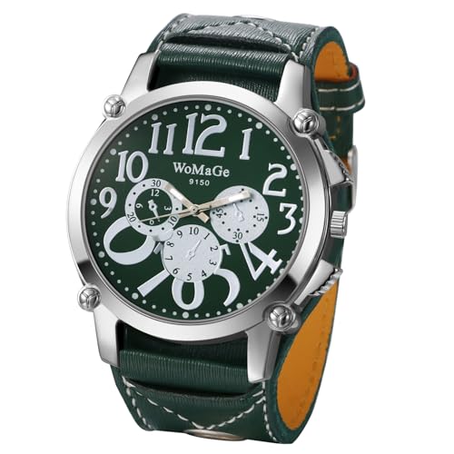 JewelryWe Herrenuhr Steampunk Leder Uhr: Vintage Punk Analog Quarz Armbanduhr Herren Grün Breit Lederarmband Manschette Sport Lässige Uhr mit großen Zahlen und großem Zifferblatt von JewelryWe