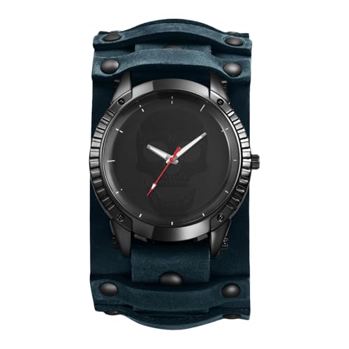 JewelryWe Herrenuhr Steampunk Uhren mit Lederarmband: Halloween Punk Totenkopf Schädel Analog Quarz Armbanduhr Herren Große Dual-Use Uhr mit Blau Abnehmbarem Breit Echtleder Leder Armband JewelryWe Herrenuhr Steampunk Uhren mit Lederarmband: Halloween Punk Totenkopf Schädel Analog Quarz Armbanduhr Herren Große Dual-Use Uhr mit Blau Abnehmbarem Breit Echtleder Leder Armband von JewelryWe