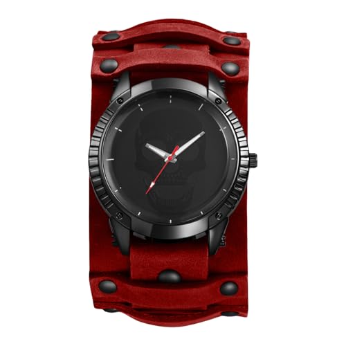 JewelryWe Herrenuhr Steampunk Uhren mit Lederarmband: Halloween Punk Totenkopf Schädel Analog Quarz Armbanduhr Herren Große Dual-Use Uhr mit Rot Abnehmbarem Breit Echtleder Leder Armband von JewelryWe