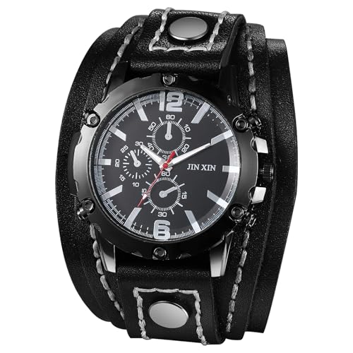 JewelryWe Herrenuhr Steampunk Uhren mit Lederarmband: Vintage Punk Analog Quarz Armbanduhr Herren Schwarz Breit Mehrschichtig Echtleder Leder Armband Halloween Große Uhr für Männer Vater Freund von JewelryWe