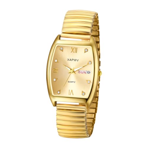 JewelryWe Herrenuhr Tonneau Elastische Uhr: Datum Woche Kalender Analog Quarz Armbanduhr Herren Gold Edelstahl Stretch Armband Rechteckige Uhren mit Zugarmband & Römischen Ziffern Diamantskala von JewelryWe