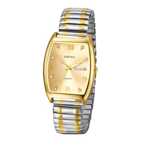 JewelryWe Herrenuhr Tonneau Elastische Uhr: Datum Woche Kalender Analog Quarz Armbanduhr Herren Gold Silber Edelstahl Stretch Armband Rechteckige Uhren mit Zugarmband & Römischen Ziffern Diamantskala von JewelryWe