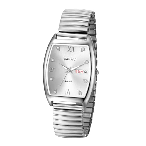JewelryWe Herrenuhr Tonneau Elastische Uhr: Datum Woche Kalender Analog Quarz Armbanduhr Herren Silber Edelstahl Stretch Armband Rechteckige Uhren mit Zugarmband & Römischen Ziffern Diamantskala von JewelryWe
