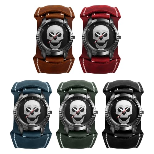 JewelryWe Herrenuhr Totenkopf Uhren mit Lederarmband: 5 Stück Halloween Steampunk Schädel Analog Quarz Armbanduhr Herren Großes Zifferblatt Dual-Use Uhr mit Abnehmbarem Breit Echtleder Leder Armband von JewelryWe