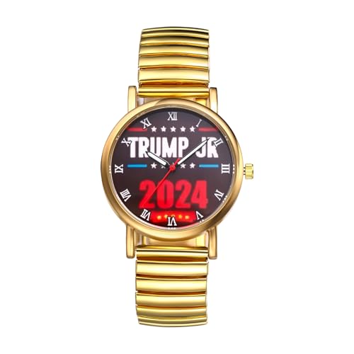 JewelryWe Herrenuhr Trump Elastische Uhren: 2024 Trump Take America Back Analog Quarz Armbanduhr Herren Damen Gold Edelstahl Stretch Armband Ultradünne Uhr mit Zugarmband & Römischen Zahlen von JewelryWe
