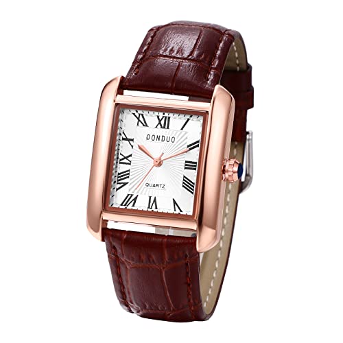 JewelryWe Herrenuhr Vintage Partner Freundschaft Leder Armband Uhr Herren Analog Quarz Armbanduhr Klassische Rechteckige lässige Uhr mit Römischen Ziffern Zifferblatt Geschenk für Männer Braun von JewelryWe