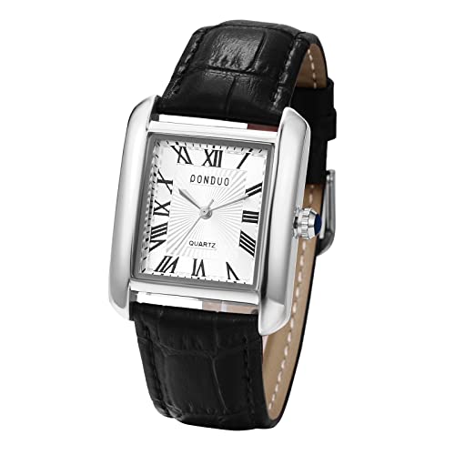 JewelryWe Herrenuhr Vintage Partner Freundschaft Leder Armband Uhr Herren Analog Quarz Armbanduhr Klassische Rechteckige lässige Uhr mit Römischen Ziffern Zifferblatt Geschenk für Männer Schwarz von JewelryWe