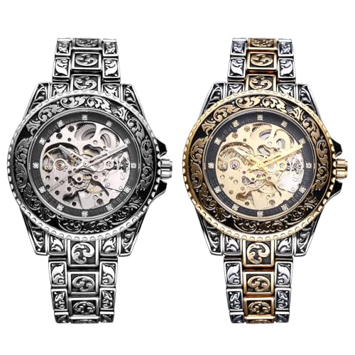 JewelryWe Herrenuhr Vintage Skelett Automatikuhr: 2 Stück 36 Stunden Gangreserve Automatisch Mechanische Armbanduhr Herren Edelstahl Automatik Uhr mit Leuchtzeiger, Diamantskala & Drehbare Lünette von JewelryWe