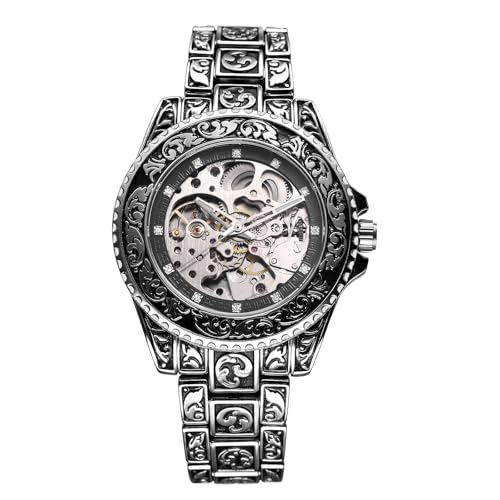 JewelryWe Herrenuhr Vintage Skelett Automatikuhr: Antik Silber 36 Stunden Gangreserve Automatisch Mechanisch Armbanduhr Herren Edelstahl Automatik Uhr mit Leuchtzeiger, Diamantskala & Drehbare Lünette von JewelryWe